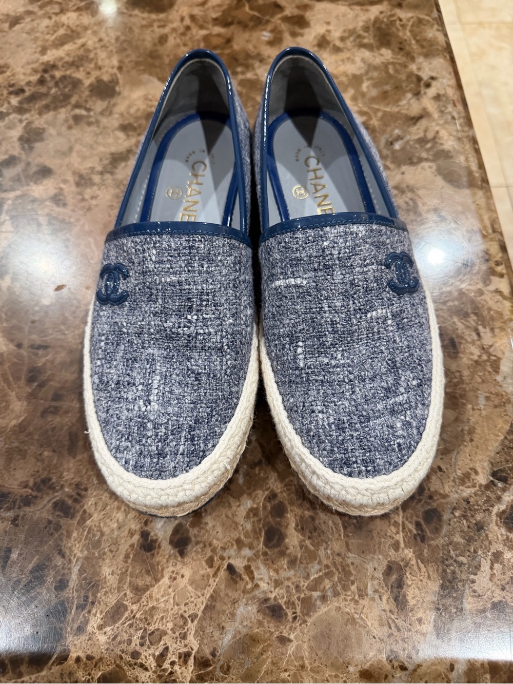 CHANEL Blue Tweed Espadrille Flats with Patent Trim